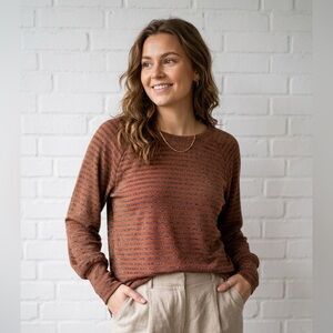 ICHI Felicia NWT Striped Metallic Long Sleeve Knit Top Mocha Large Office